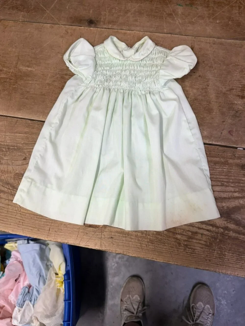 Vintage 1950s Polly Flinders Mint Green Baby Dress Hand Smocked Embroidered 6 MO
